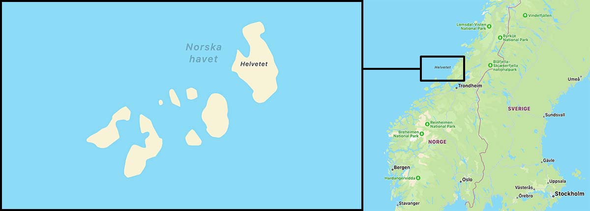 Salwan Momika flyttat till Norge. Kanske denna lilla ö utanför den norska kusten passar. Karta på ön som heter Helvetet.