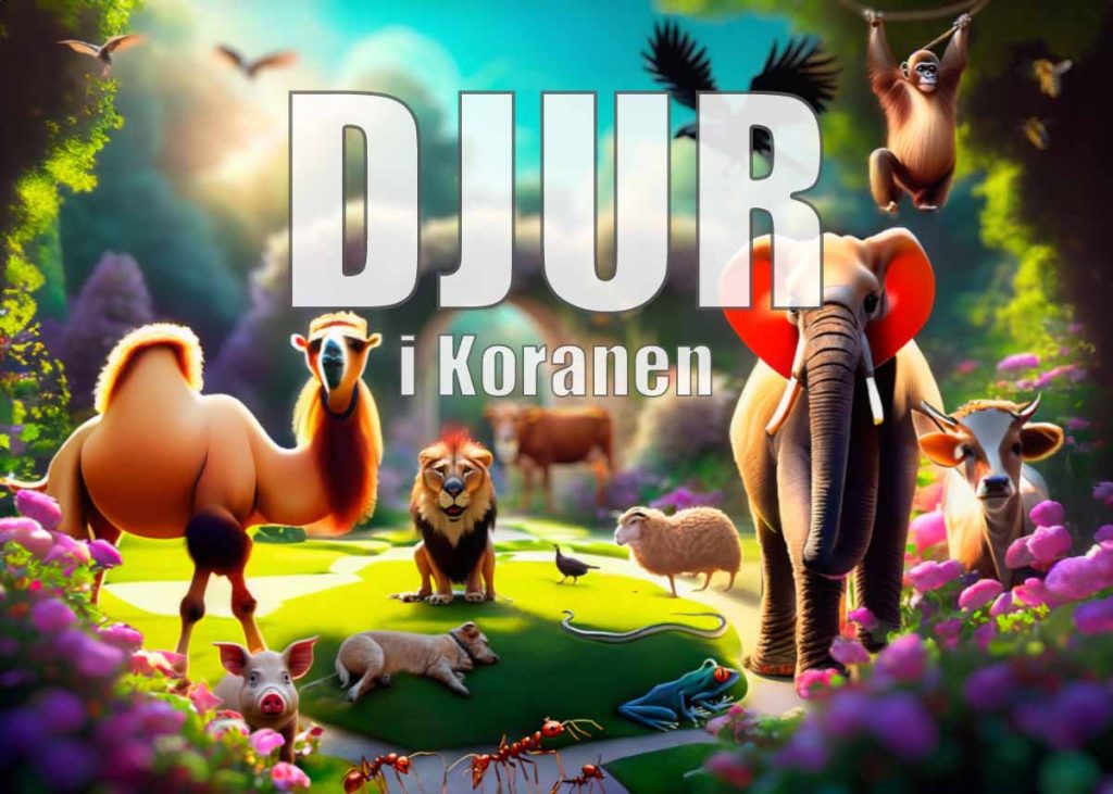 Djur i Koranen illustrerad med en bild på olika djur i en paradisliknande trädgård.