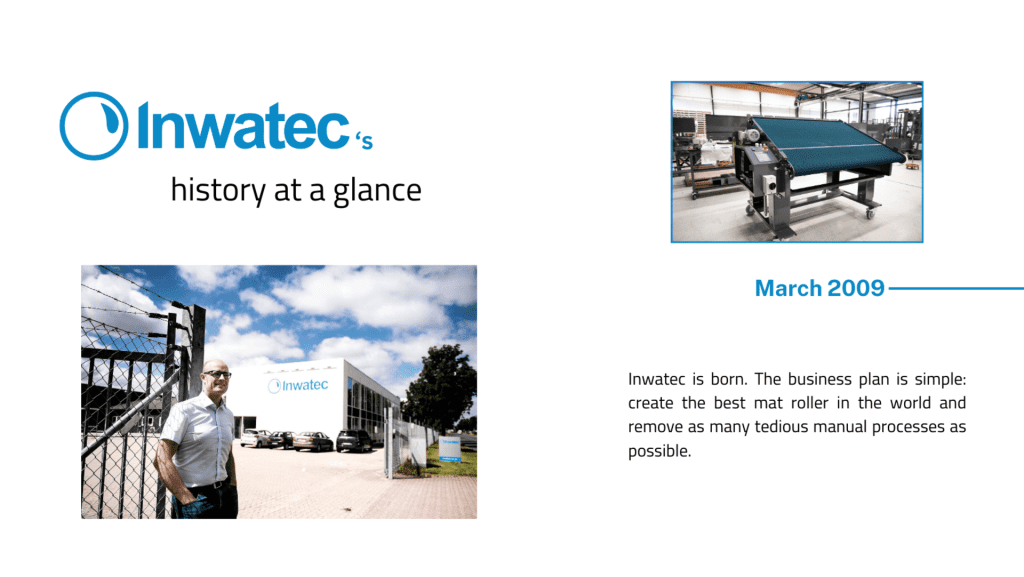 Inwatec's history at a glance: March 2009: Inwatec is born. The business plan is simple: create the best mat roller in the world and remove as many tedious manual processes as possible.