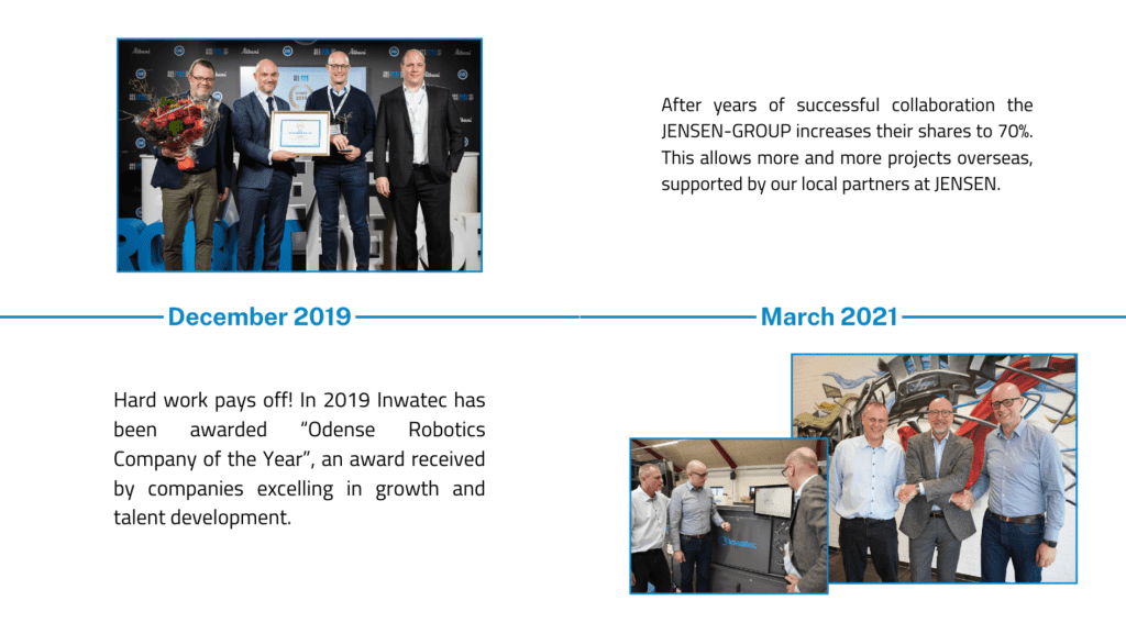 December 2019: Hard work pays off! In 2019 Inwatec has been awarded "Odense Robotics Company of the Year", an award received by companies excelling in growth and talent development. March 2021: After years of successful collaboration the JENSEN-GROUP increases their shares to 70%. This allows more and more projects overseas supported by our local partners at JENSEN.