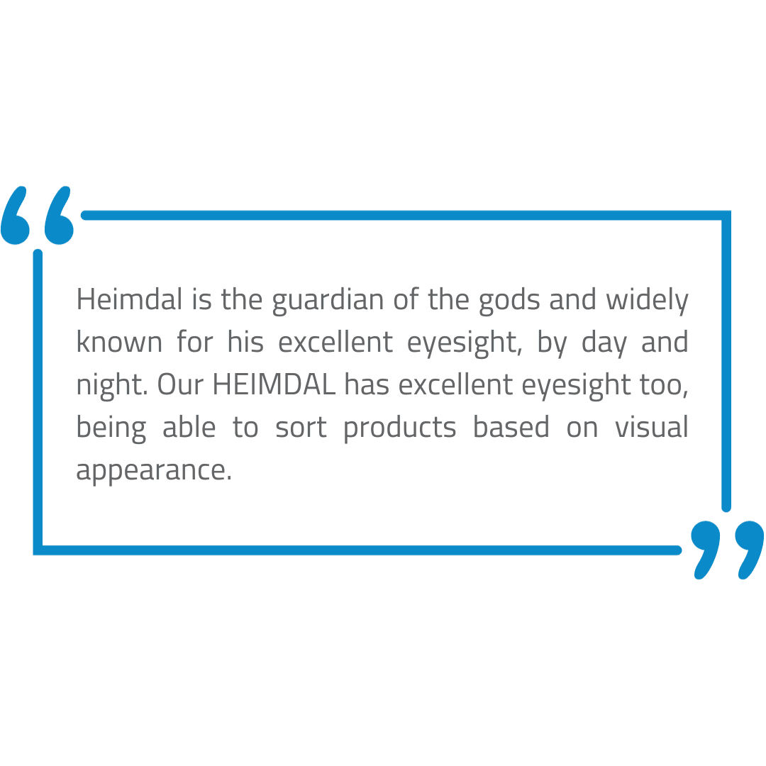Heimdal is the guardian of the gods and widely known for his excellent eyesight, by day and night. Our Heimdal has excellent eyesight too, being able to sort products based on visual appearance.