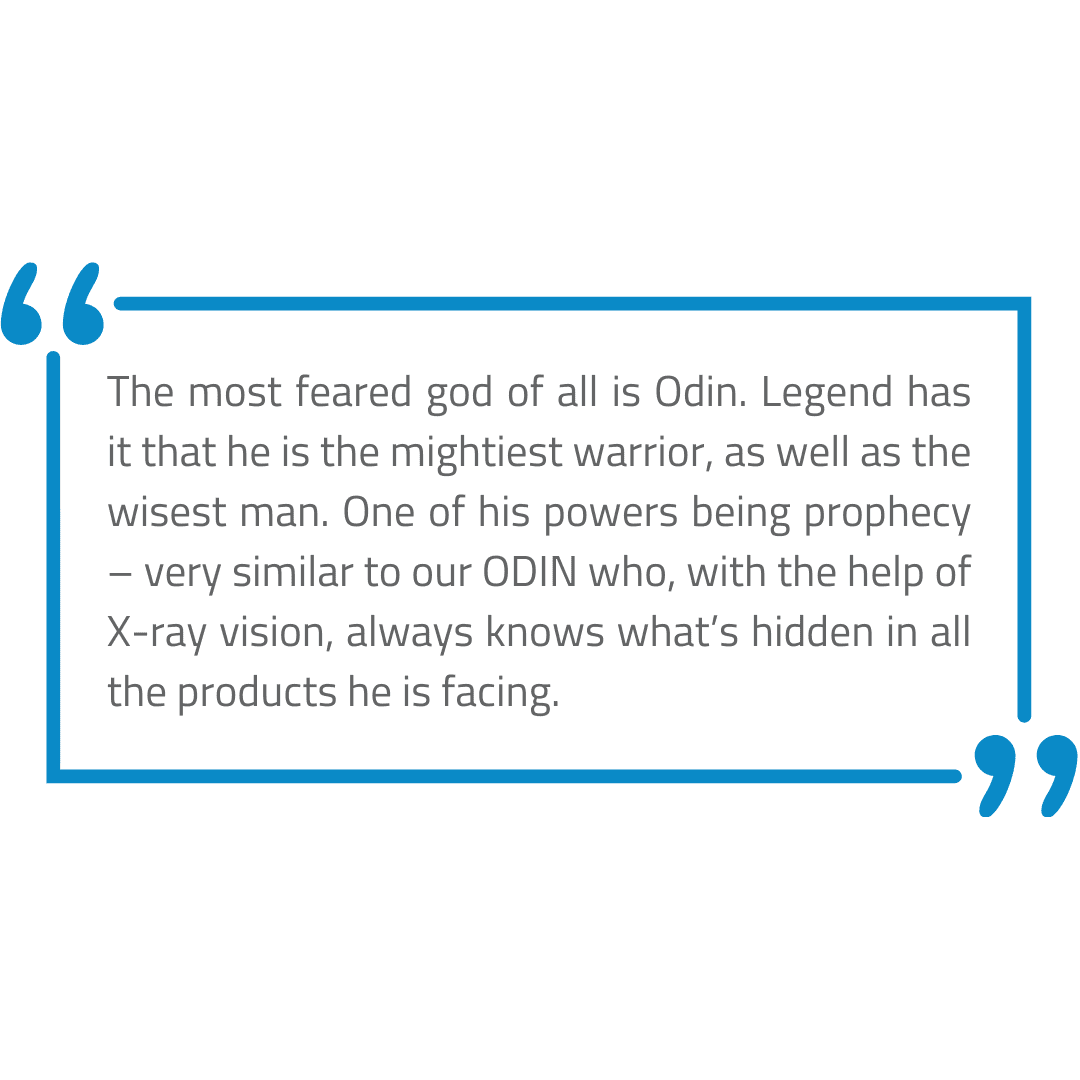 The most feared god of all is Odin. Legend has it that he is the mightiest warrior, as well as the wisest man. One of this powers being prophecy - very similar to our ODIN who, with the help of X-Ray vision, always knows what's hidden in all the products he is facing.