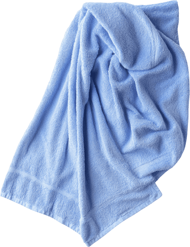 Blue fluffy towel with a transparent background.