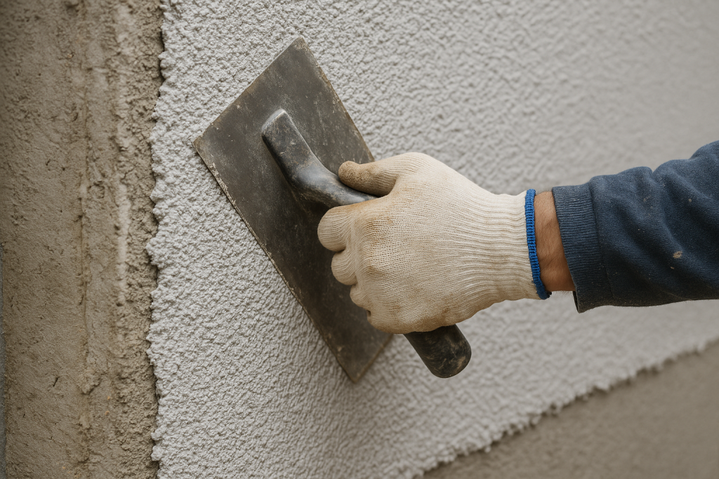 ouvrier qui pose du crépi isolant sur une façade