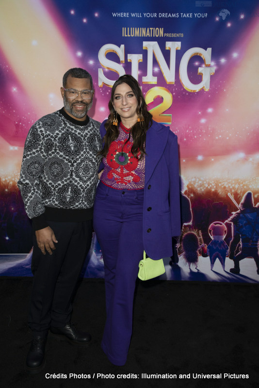 Jordan Peele and Chelsea Peretti attend as Illumination and Universal Pictures celebrate the Premiere of SING 2 at the Greek Theater in Los Angeles, CA on Sunday, December 12, 2021(Photo: Alex J. Berliner/ABImages)