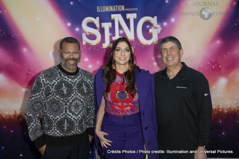 Jordan Peele and Chelsea Peretti and Jeff Shell attend as Illumination and Universal Pictures celebrate the Premiere of SING 2 at the Greek Theater in Los Angeles, CA on Sunday, December 12, 2021(Photo: Alex J. Berliner/ABImages)