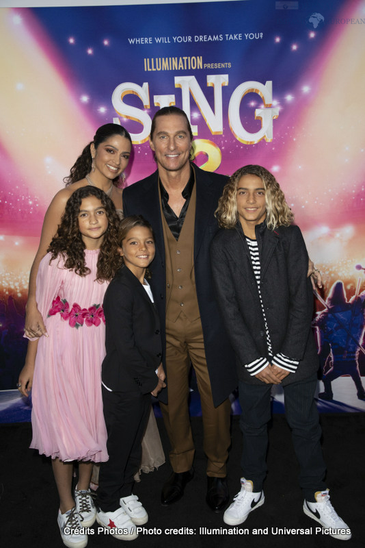 Vida McConaughey, Camila Alves and Matthew McConaughey, Livingston McConaughey and Levi McConaughey attend as Illumination and Universal Pictures celebrate the Premiere of SING 2 at the Greek Theater in Los Angeles, CA on Sunday, December 12, 2021(Photo: Alex J. Berliner/ABImages)