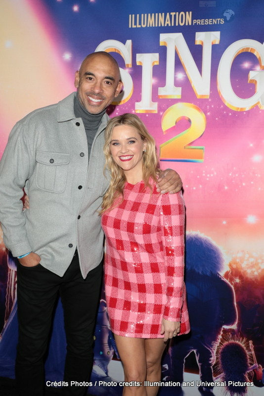 Executive Music Producer Harvey Mason Jr. and Reese Witherspoon attend as Illumination and Universal Pictures celebrate the Premiere of SING 2 at the Greek Theater in Los Angeles, CA on Sunday, December 12, 2021(Photo: Alex J. Berliner/ABImages)