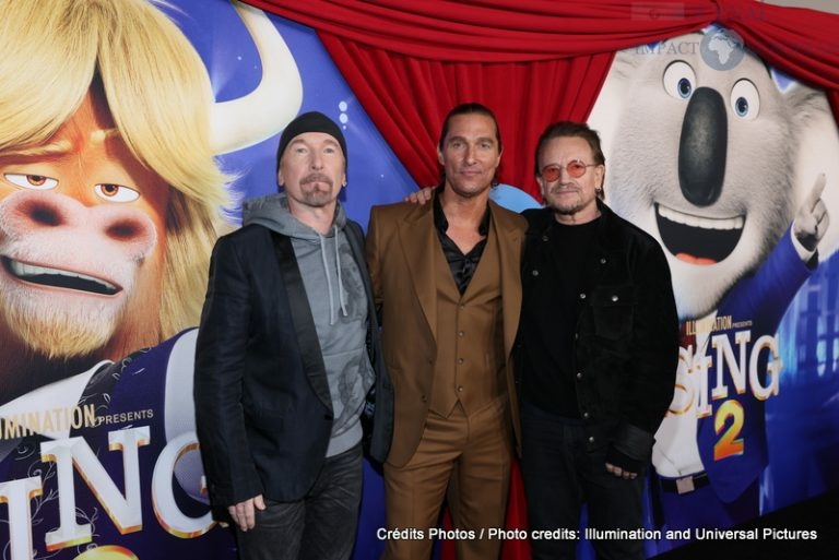The Edge,Matthew McConaughey and Bono attend as Illumination and Universal Pictures celebrate the Premiere of SING 2 at the Greek Theater in Los Angeles, CA on Sunday, December 12, 2021(Photo: Mark Von Holden/ABImages)