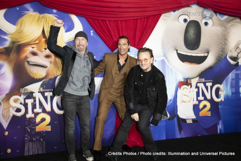 The Edge, Matthew McConaughey and Bono attend as Illumination and Universal Pictures celebrate the Premiere of SING 2 at the Greek Theater in Los Angeles, CA on Sunday, December 12, 2021(Photo: Alex J. Berliner/ABImages)