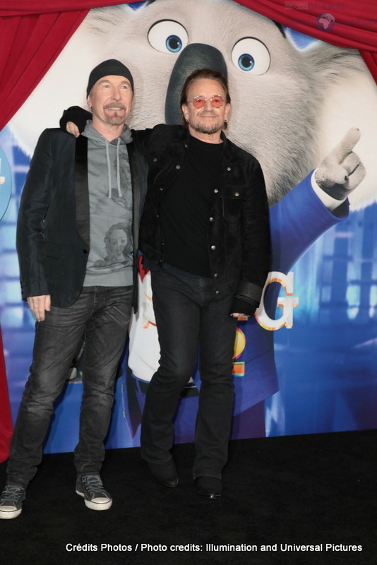 The Edge and Bono attend as Illumination and Universal Pictures celebrate the Premiere of SING 2 at the Greek Theater in Los Angeles, CA on Sunday, December 12, 2021(Photo: Alex J. Berliner/ABImages)