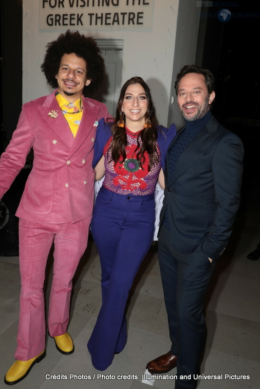 Eric André, Chelsea Peretti and Nick Kroll attend as Illumination and Universal Pictures celebrate the Premiere of SING 2 at the Greek Theater in Los Angeles, CA on Sunday, December 12, 2021(Photo: Alex J. Berliner/ABImages)