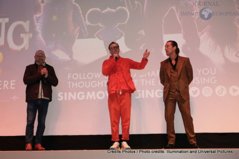 Producer Chris Meledandri, Director/Writer Garth Jennings and Matthew McConaughey introduces as Illumination and Universal Pictures celebrate the Premiere of SING 2 at the Greek Theater in Los Angeles, CA on Sunday, December 12, 2021(Photo: Alex J. Berliner/ABImages)