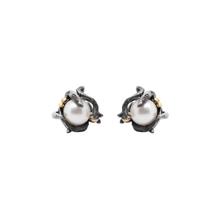 Pearl stud earrings in silver and gold