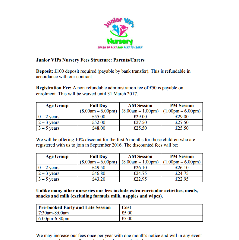 Junior VIPs Nursery Fees Structure