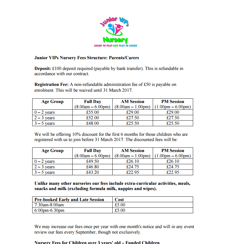 Junior VIPs Nursery Fees Structure