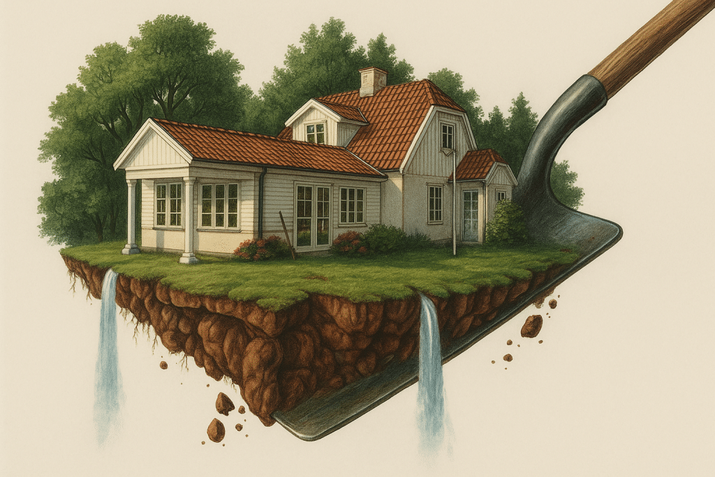 Illustration af et hus på en skovl – metafor for at flytte sit livs fundament og skabe nye ramme