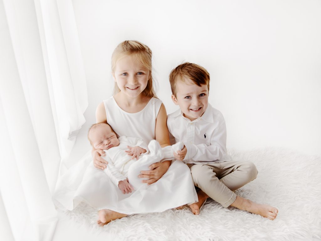 brother, sister and newborn all white photos edinburgh