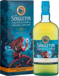 Eine Flasche nebst Umverpackung des 19-jährigen Singleton of Glendullan mit mystischem Design.