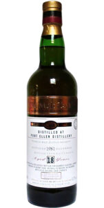 Eine Flasche Port Ellen aus der Old-Malt-Cask-Serie von Douglas Laing. Grünes Glas, goldener Schriftzug, weißes Etikett - und hoher Wiedererkennungswert.