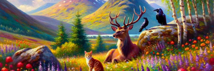 DallE, Prompt: A widescreen impressionist-style oil painting capturing a serene landscape in the Scottish Highlands in a 900:300 ratio. The scene includes a majestic stag, a perched raven, a curious cat among vibrant wildflowers, and the distant peak of a towering mountain, evoking a tranquil and picturesque setting.DallE, Prompt: A widescreen impressionist-style oil painting capturing a serene landscape in the Scottish Highlands in a 900:300 ratio. The scene includes a majestic stag, a perched raven, a curious cat among vibrant wildflowers, and the distant peak of a towering mountain, evoking a tranquil and picturesque setting.