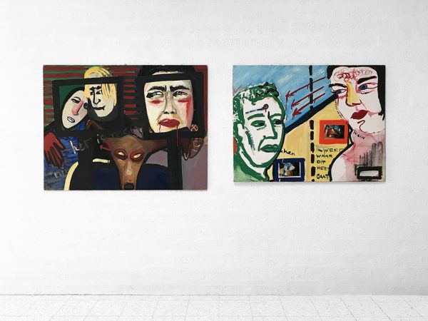 Kim Engelen, On the left Ilse & Gerben, Mara, Oil on Chipboard, On the right Mara & Patrick, Oil on Canvas & Photos, Overview shot, 1997