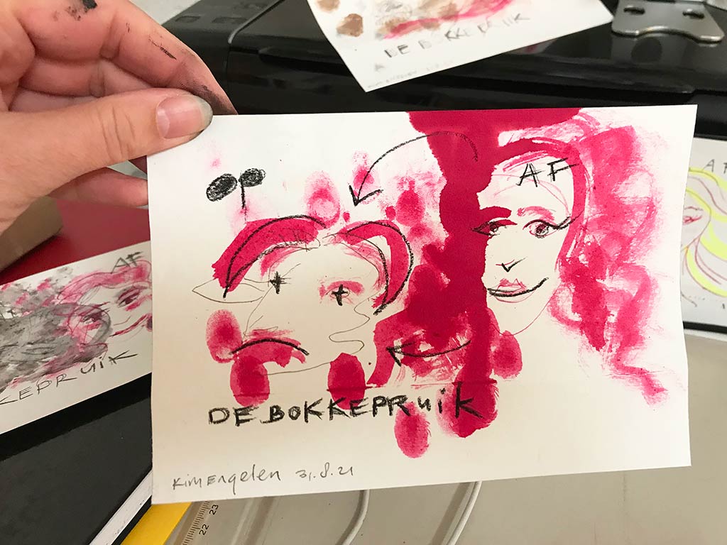 Kim Engelen holding the drawing, De Bokkepruik (The Bucks Wig) No.6, Drawing, Ecoline, Indian-ink, Charcoal, 2021
