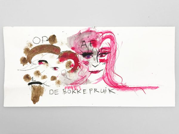 Kim Engelen holding the drawing, De Bokkepruik (The Bucks Wig) No.7, Drawing, Ecoline, Indian-ink, Charcoal, 2021