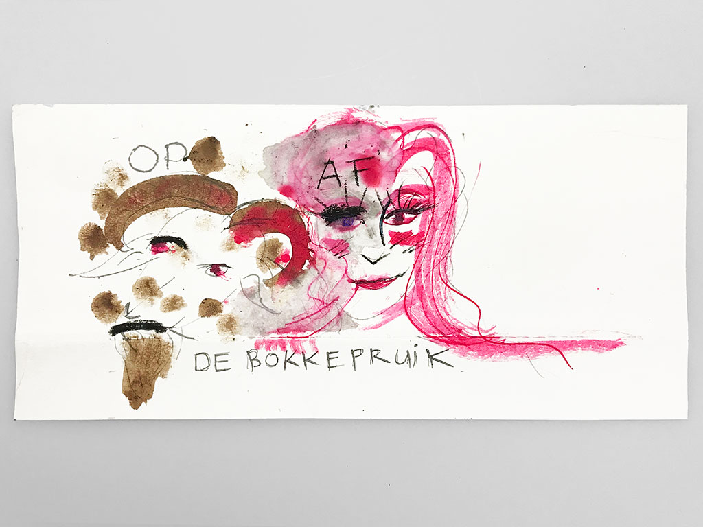 Kim Engelen holding the drawing, De Bokkepruik (The Bucks Wig) No.7, Drawing, Ecoline, Indian-ink, Charcoal, 2021