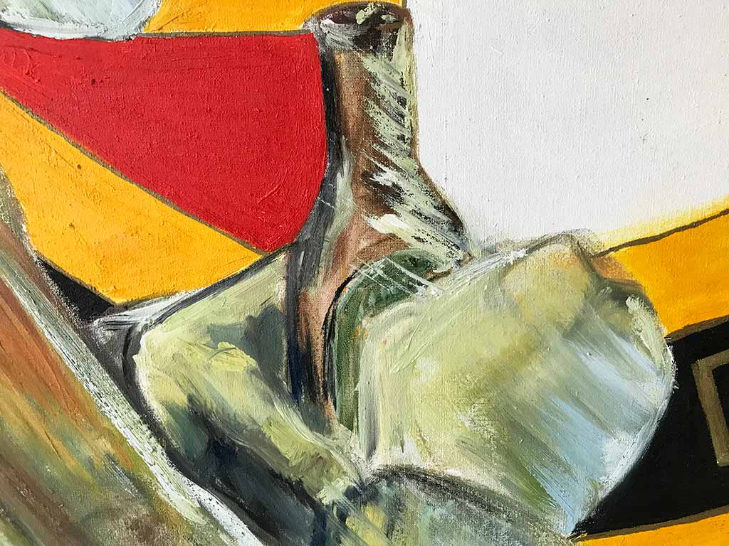 Kim Engelen, Frits Watching TV (Red -Feyenoord), Framed Oil Painting, Detail Holding a bottle of Beer, 1995