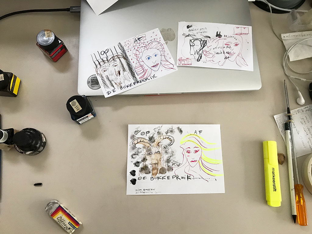 Kim Engelen, Work-Station when working on De Bokkepruik (The Bucks Wig) Drawing, Ecoline, Indian-ink, Charcoal, 2021