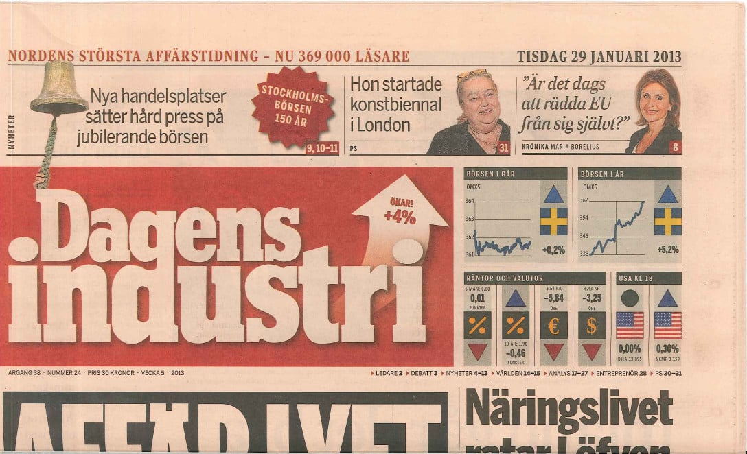 Framsidan av tidningen Dagens industri