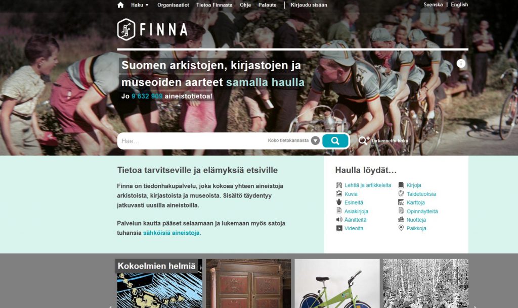 Finna kokoaa yhteen Suomen museoiden, arkistojen ja kirjastojen materiaaleja.