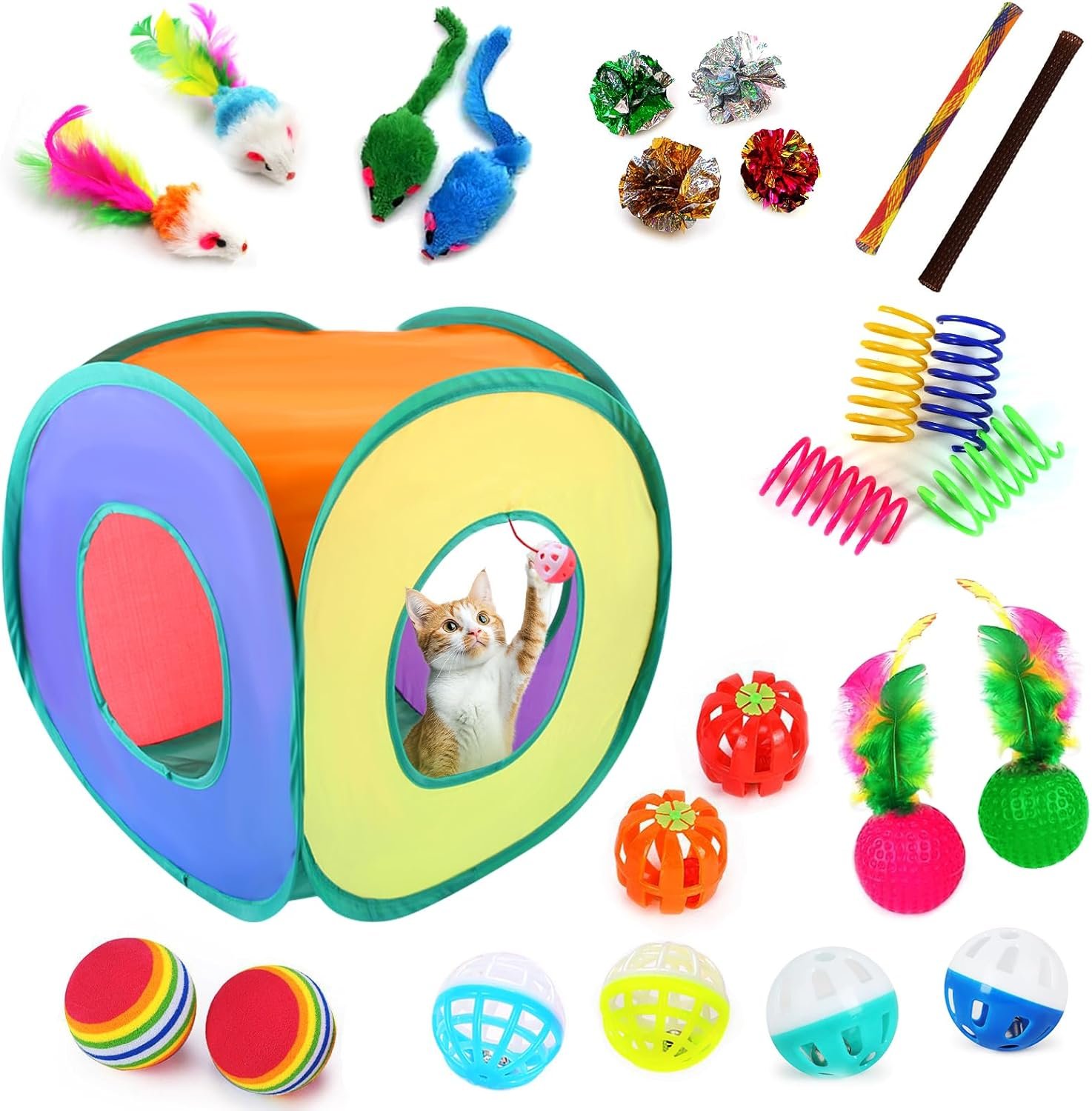 iCAGY 25-Piece Cat Toys Kit with Rainbow Cube Tunnel