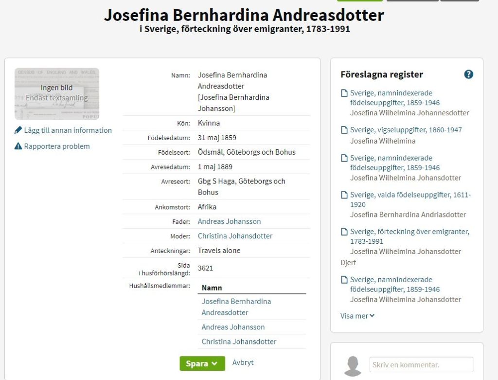 ANDREASDOTTER Josefina Bernhardina - Emigrantförteckning 1889