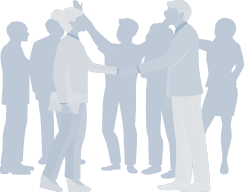 2 people shaking hands in front of a group of business people