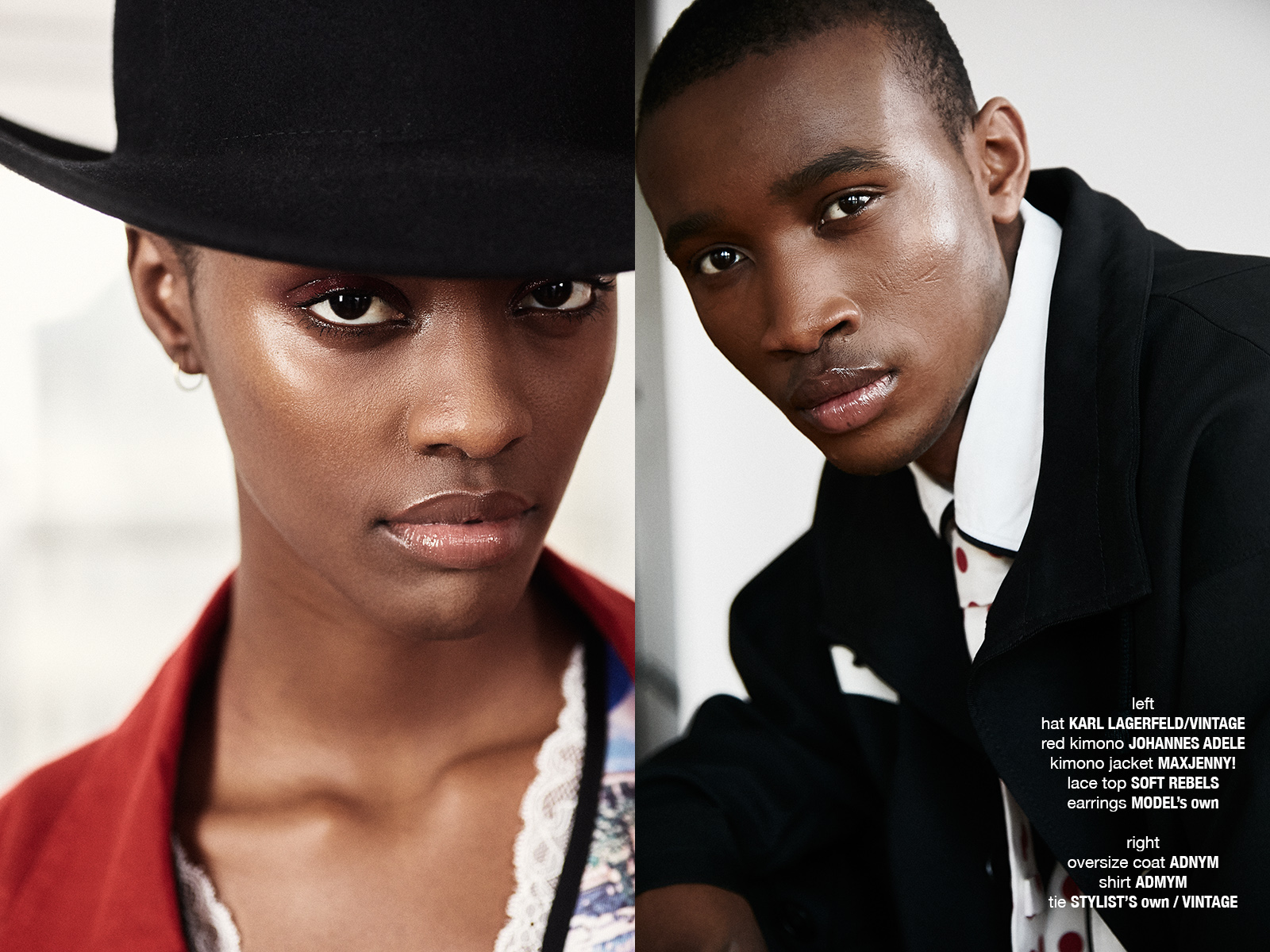 black female model in black bowler hat, black male model in suit