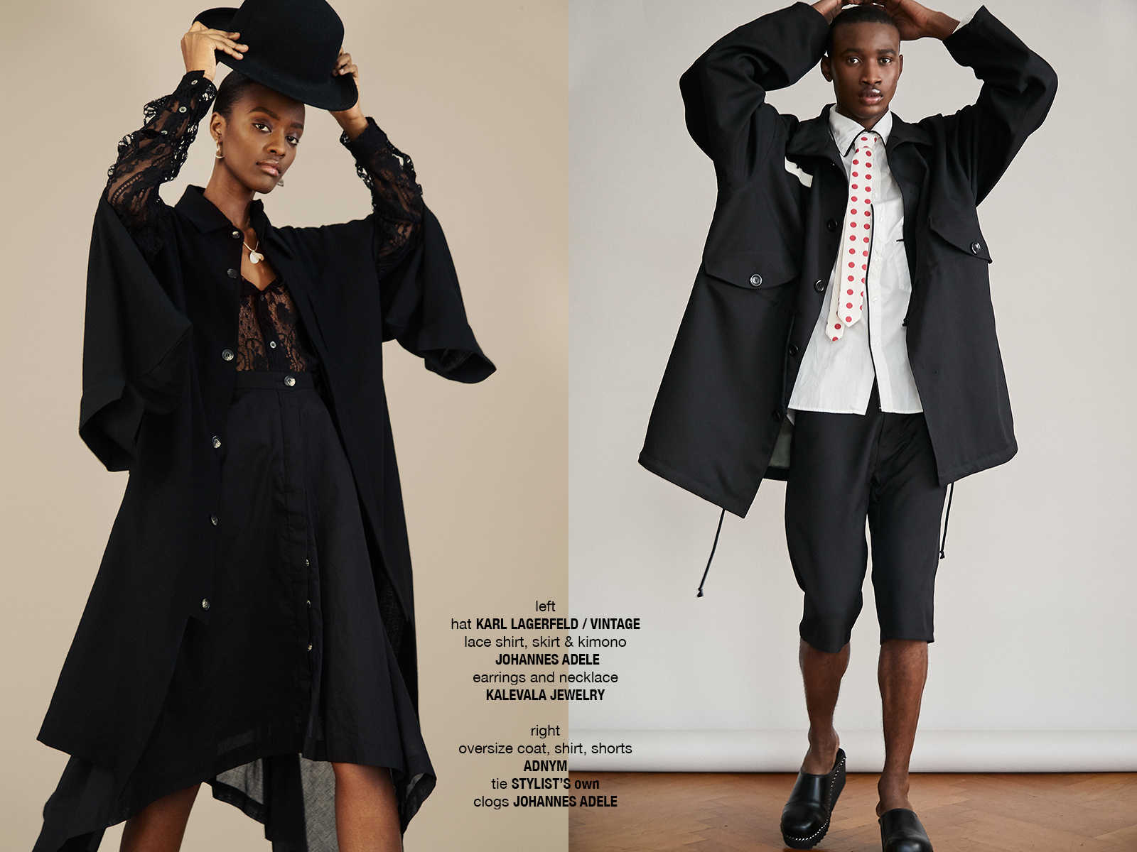 black female model in black bowler hat, black male model in suit