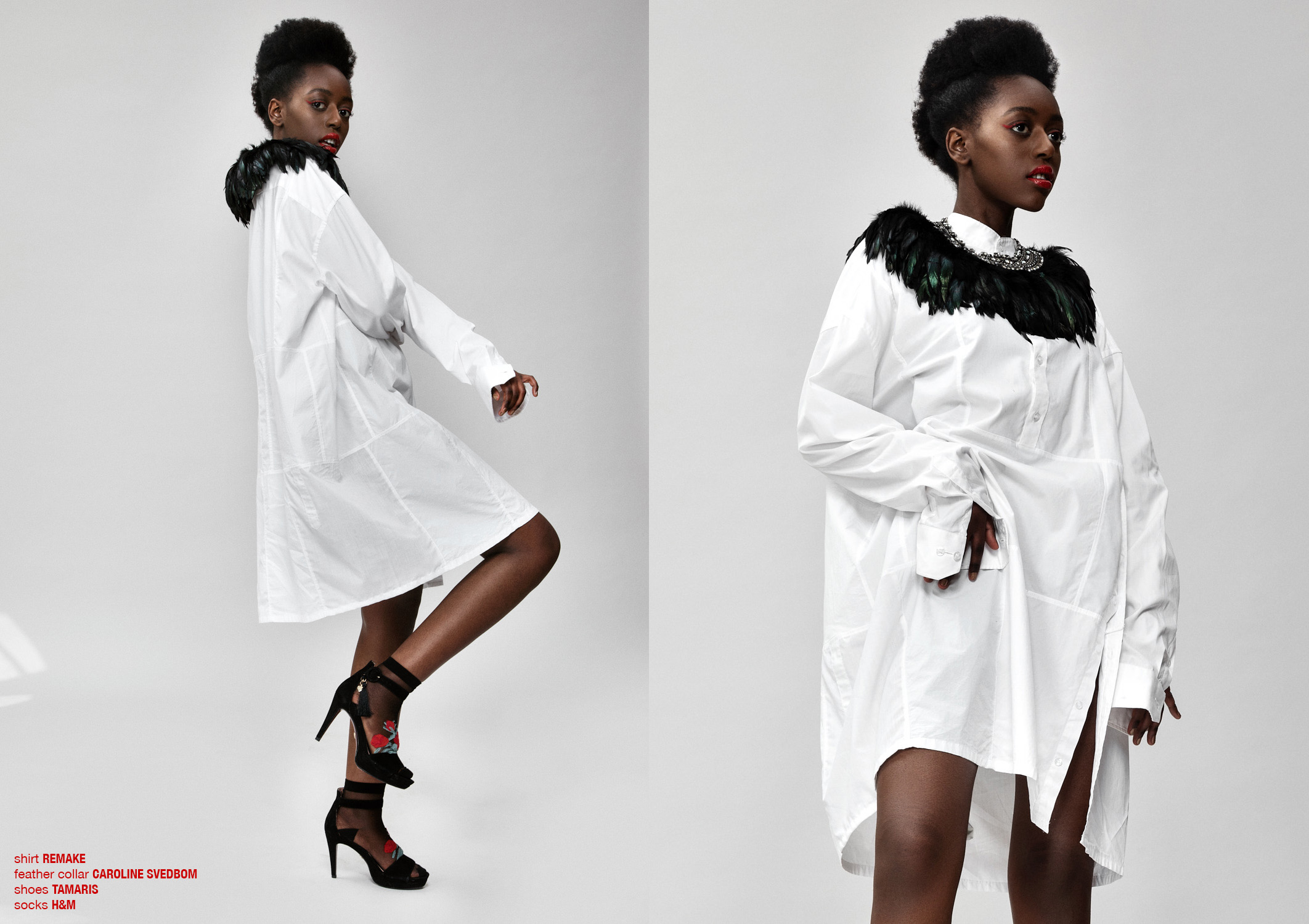 Krull magazine. Black model in white shirt dress and feather collar.