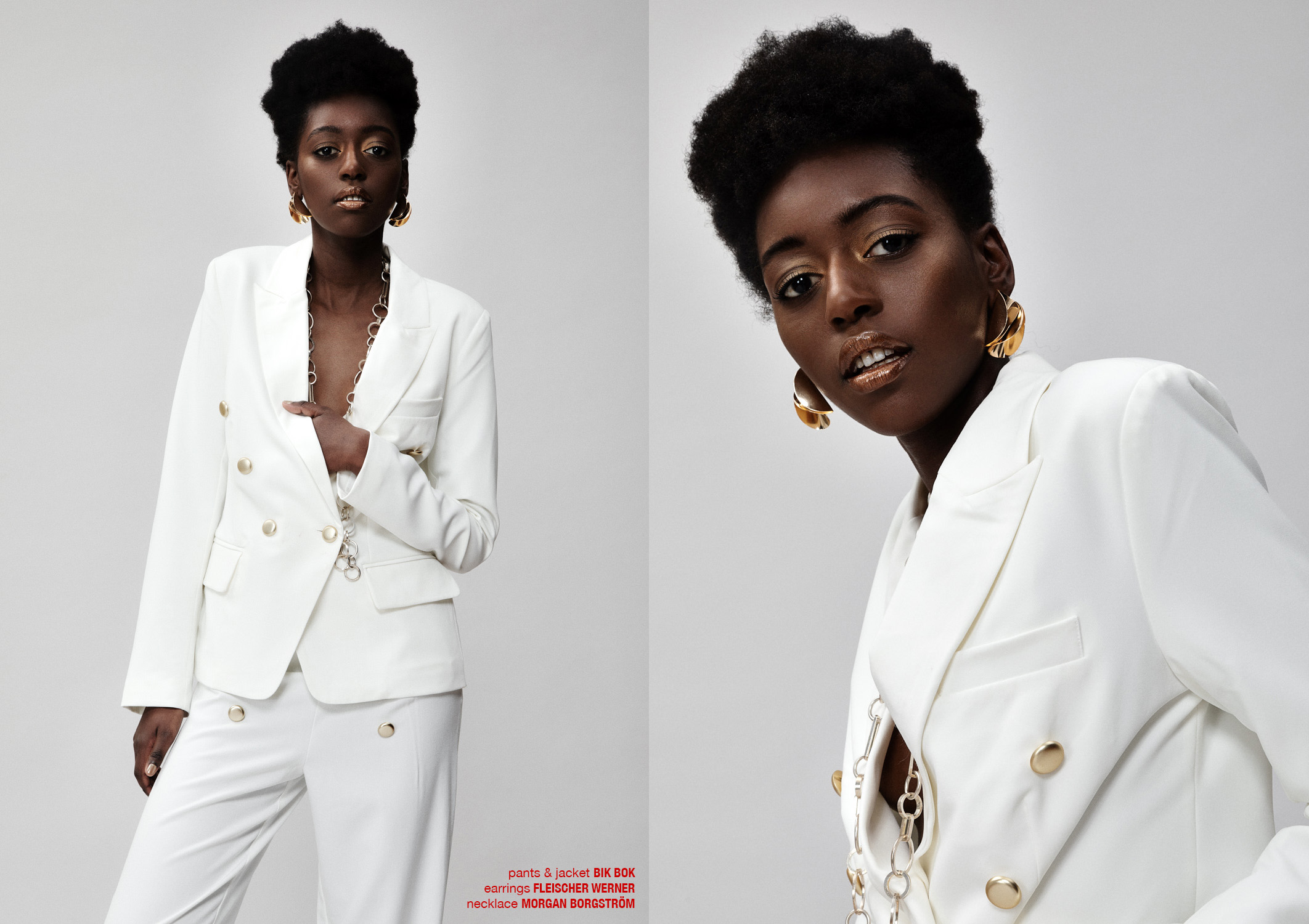 Krull magazine. Black model in white double-breasted suit with gold buttons.