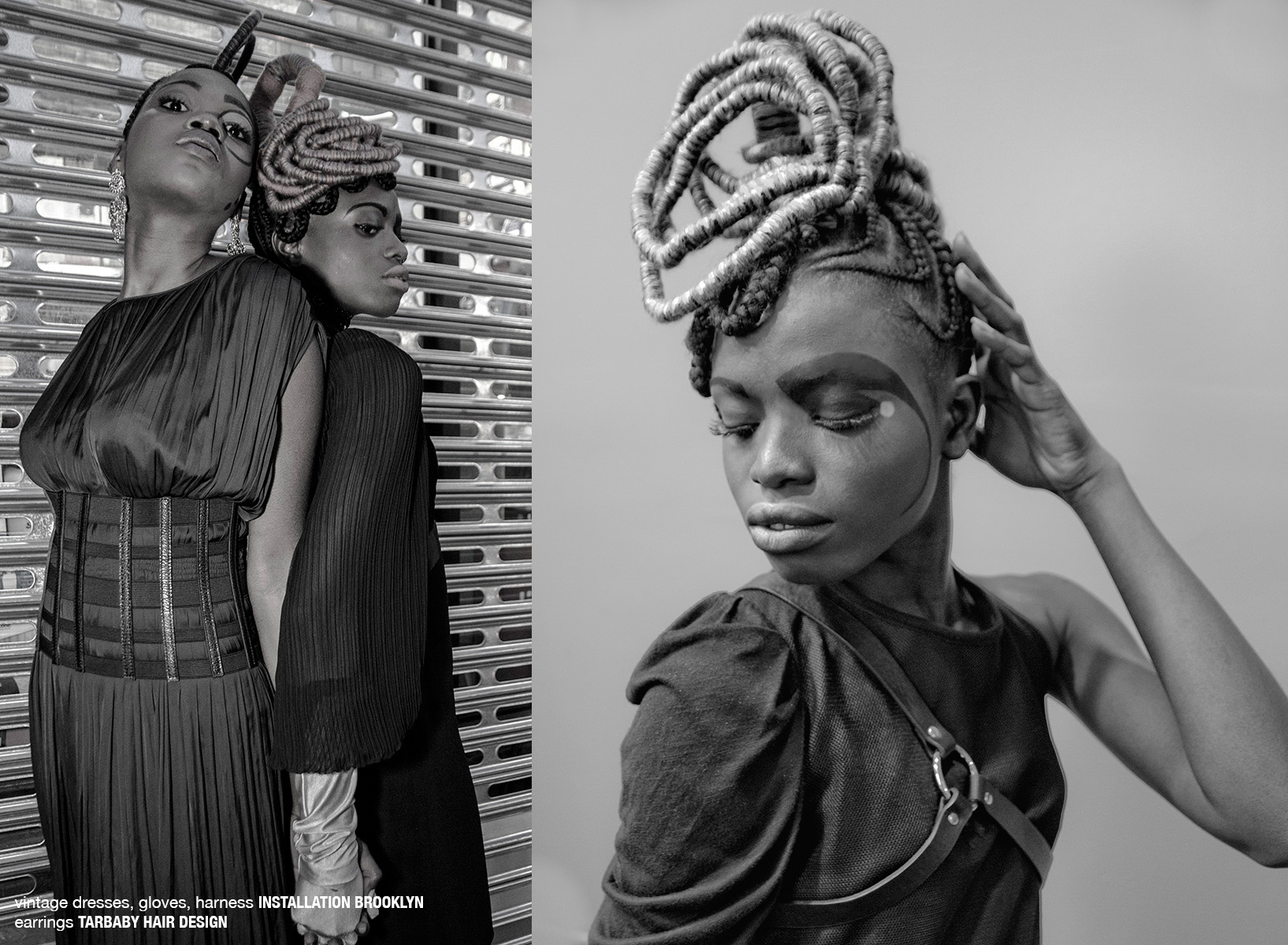 krullmag. black and white photo of two black models with intricate braided hair