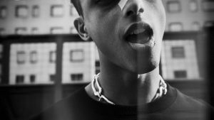 krullmag.com, black and white photo of male model with bloody makeup