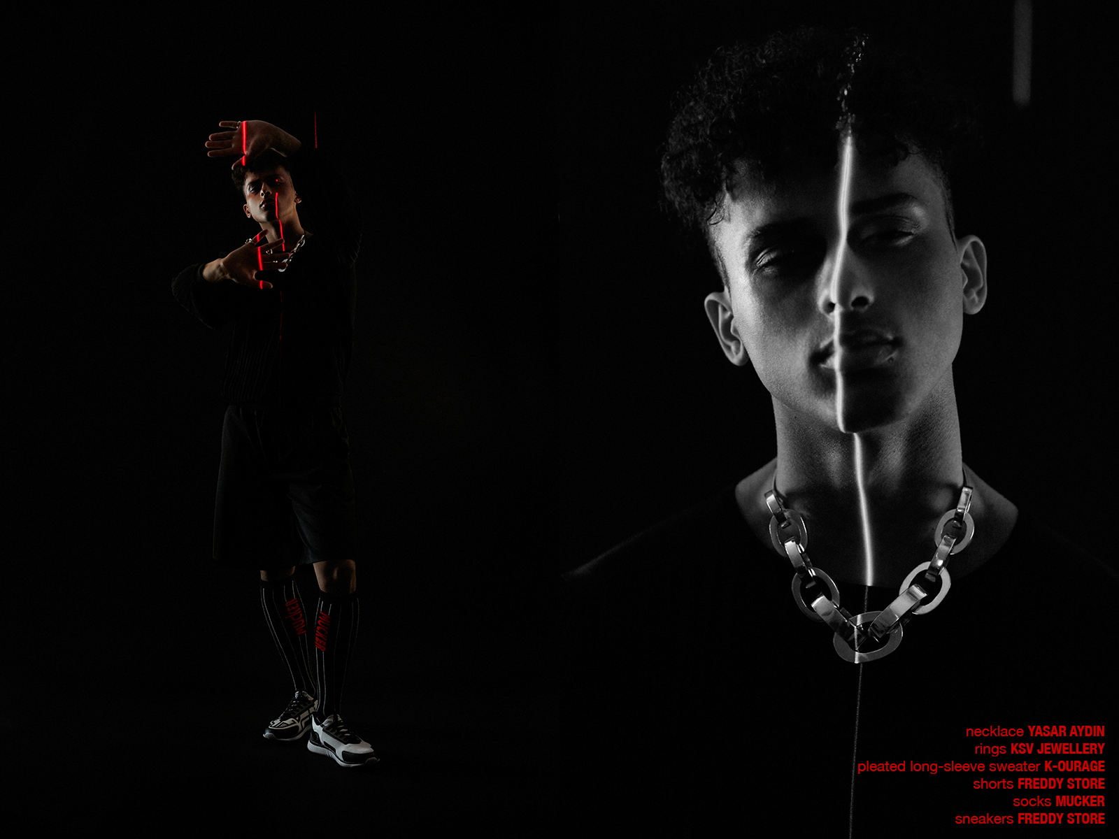 Krull magazine. Male model in all black with red laser light down middle