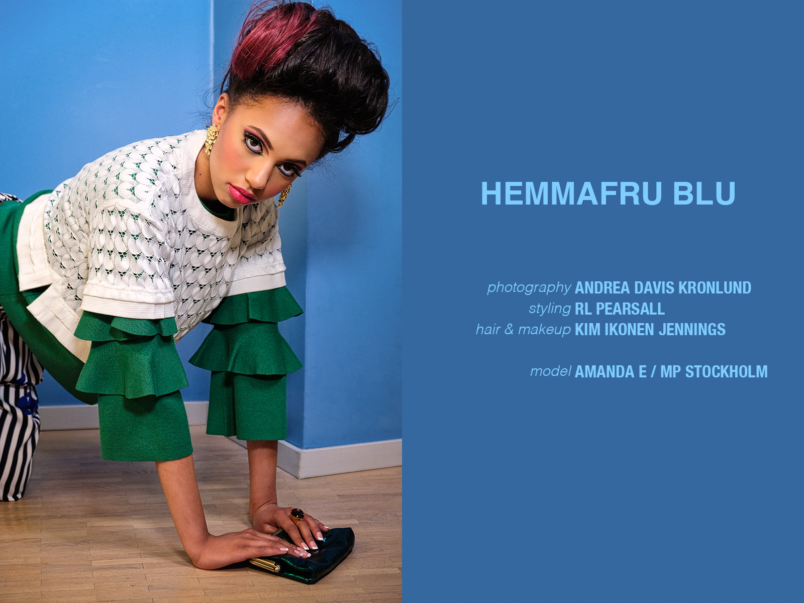 Krullmag, Hemmafru Blu, title credits page, female model colorful makeup, blue