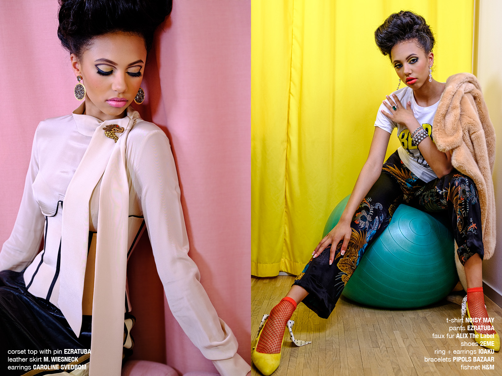 Krullmag, Hemmafru Blu, female model colorful makeup, pink and yellow background