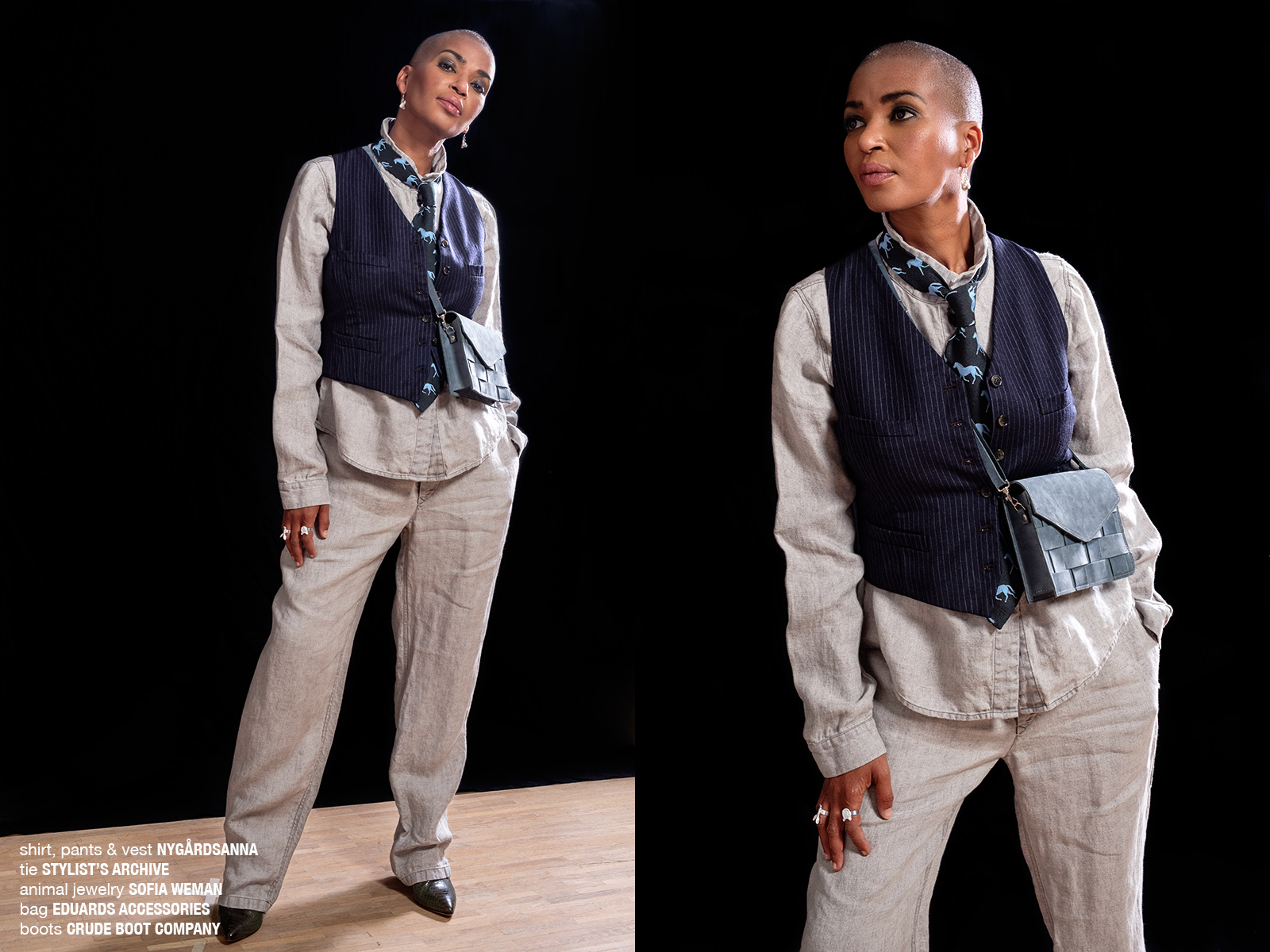 Krull magazine. Activist Tess Asplund in linen workwear, pinstripe vest and horse printed tie