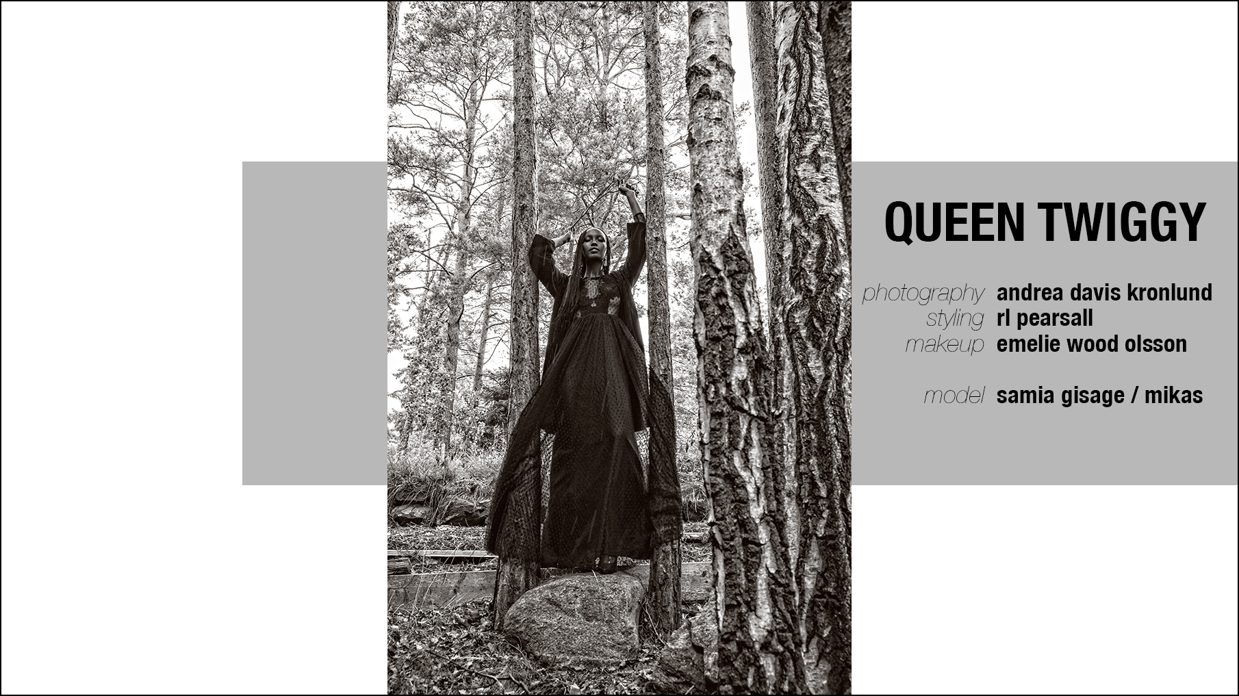 Krull magazine. title page Queen Twiggy. black female model wearing long black lace dress and coat in the woods