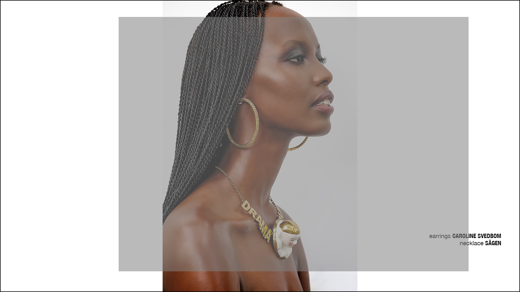 Krull magazine. Profile of Black female model with long neck wearing Drama Queen jewelry.