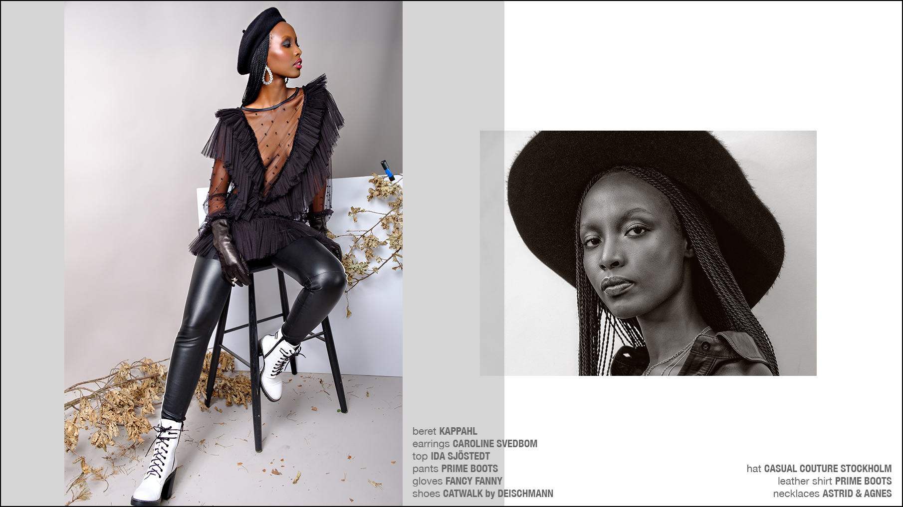 Krull magazine fashion story, black female model wearing Swedish designer clothes