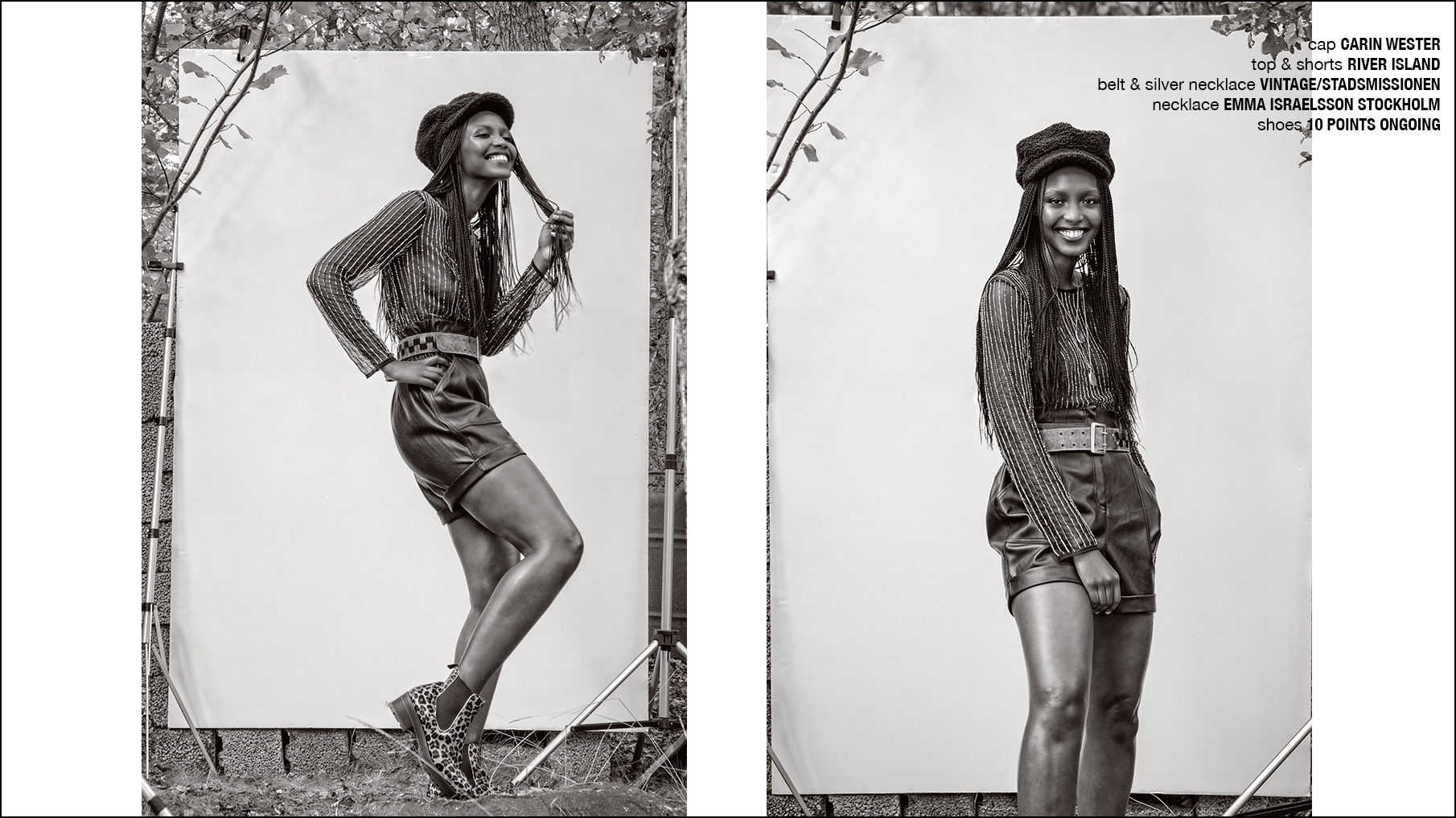 Krull magazine. black and white photo of happy model wearing leather shorts, sequin top, leopard boots